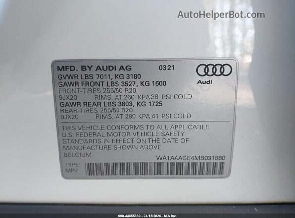 WA1AAAGE4MB031880 2021 AUDI E-TRON Белый Вид подкапотного пространства