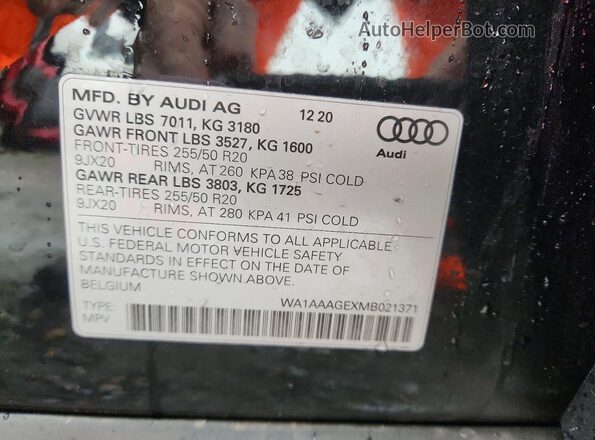 WA1AAAGEXMB021371 2021 AUDI E-TRON Black VIN կոդի պիտակի տեսք