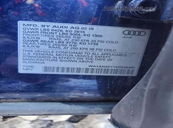 WA1AHAF71KD035367 2019 AUDI Q7 Синий 