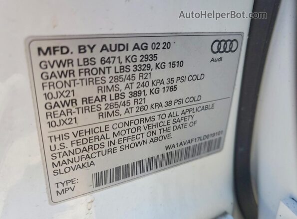 WA1AVAF17LD019101 2020 AUDI Q8 White VIN კოდის სტიკერის ხედი