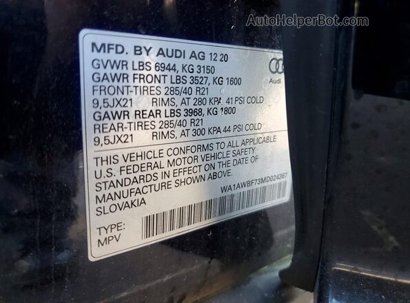 WA1AWBF73MD024367 2021 AUDI SQ7 Black VIN sticker view