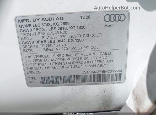 WA1B4AFY5M2045584 2021 AUDI SQ5 White ძრავის განყოფილების ხედი