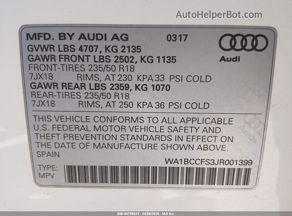 WA1BCCFS3JR001399 2018 AUDI Q3 White Շարժիչի բաժամունքի տեսք