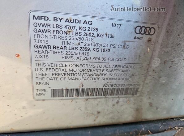 WA1BCCFS6JR016236 2018 AUDI Q3 Silver VIN sticker view