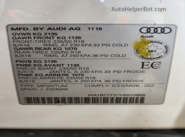 WA1BCCFS7HR010889 2017 AUDI Q3 White VIN კოდის სტიკერის ხედი