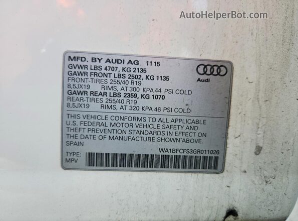 WA1BFCFS3GR011026 2016 AUDI Q3 White Widok naklejki z numerem VIN