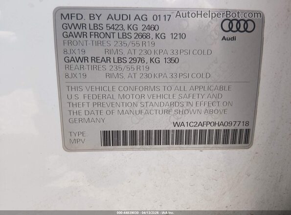WA1C2AFP0HA097718 2017 AUDI Q5 Белый Вид подкапотного пространства