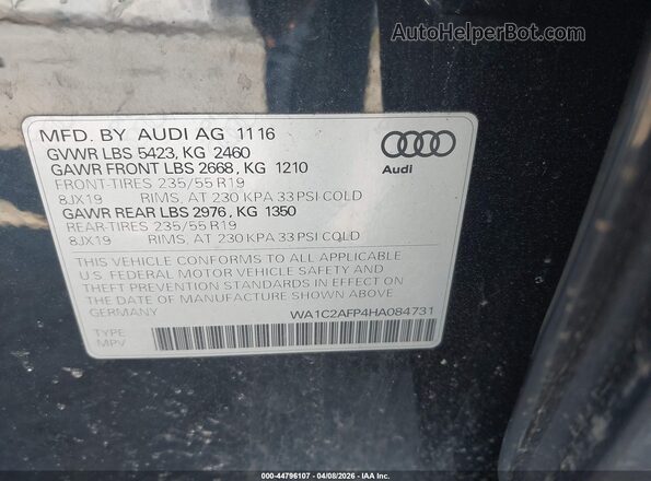 WA1C2AFP4HA084731 2017 AUDI Q5 Gray Vista del compartimento del motor