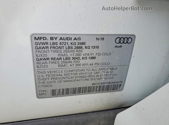 WA1C4AFY0K2004376 2019 AUDI SQ5 White Vista de la etiqueta del VIN