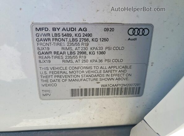 WA1CAAFY2M2007291 2021 AUDI Q5 White Вид наклейки з VIN-кодом