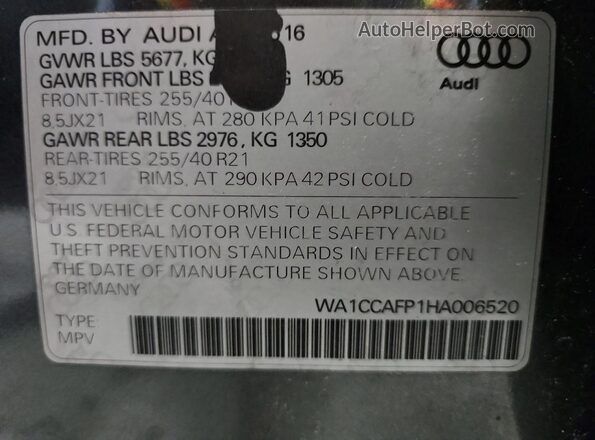 WA1CCAFP1HA006520 2017 AUDI SQ5 Угольный Вид наклейки с VIN-кодом