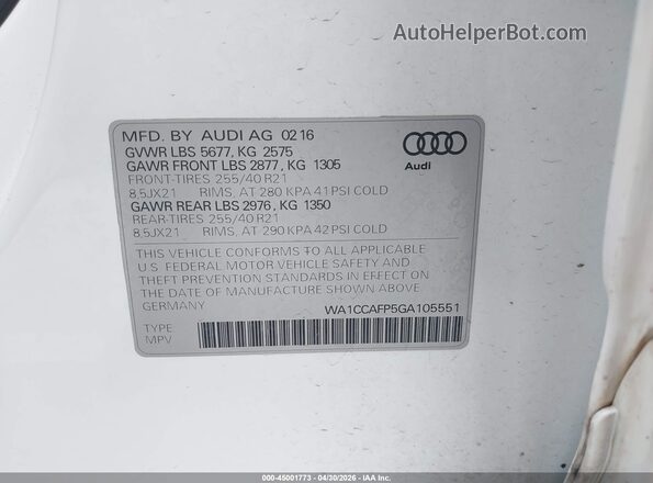 WA1CCAFP5GA105551 2016 AUDI SQ5 White Widok komory silnika