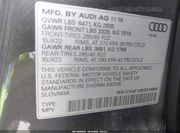 WA1CVAF13KD014999 2019 AUDI Q8 Gray Vista del compartimento del motor