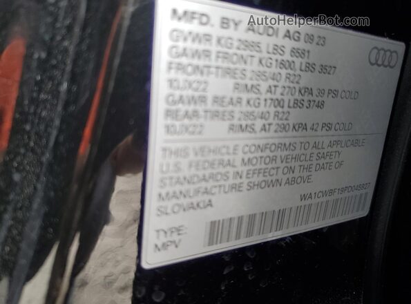 WA1CWBF19PD045927 2023 AUDI SQ8 Black VIN კოდის სტიკერის ხედი