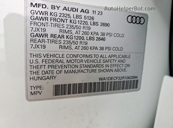 WA1DECF32R1062894 2024 AUDI Q3 White Вид наклейки з VIN-кодом