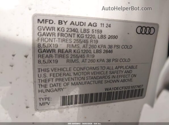 WA1DECF32S1027407 2025 AUDI Q3 White ძრავის განყოფილების ხედი