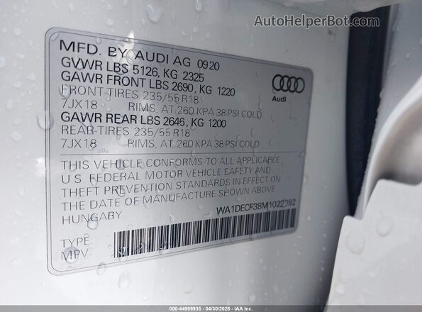 WA1DECF38M1022392 2021 AUDI Q3 White Vista del compartimento del motor