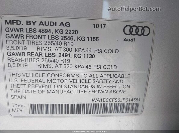 WA1ECCFS6JR014581 2018 AUDI Q3 Silver Engine compartment view