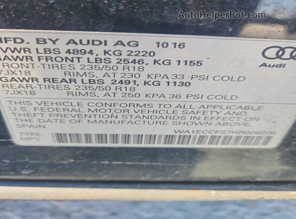 WA1ECCFS7HR009206 2017 AUDI Q3 Черный Вид наклейки с VIN-кодом