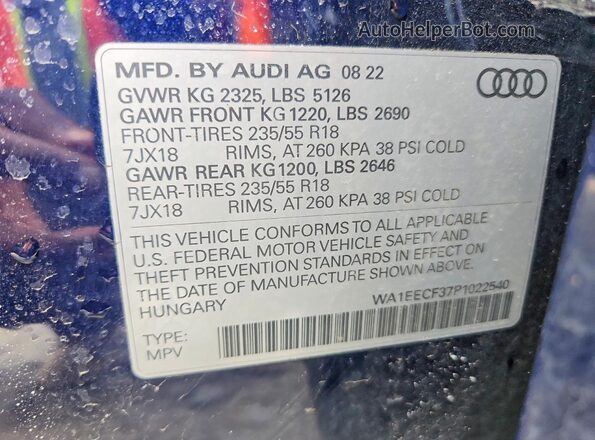 WA1EECF37P1022540 2023 AUDI Q3 Blue VIN კოდის სტიკერის ხედი