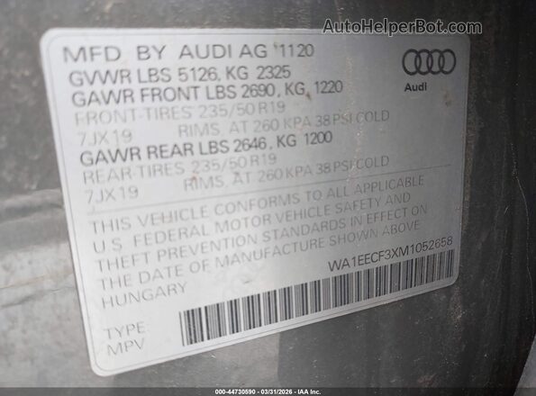 WA1EECF3XM1052658 2021 AUDI Q3 Gray Engine compartment view