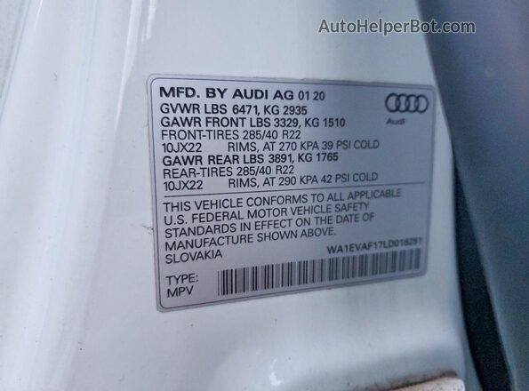 WA1EVAF17LD016281 2020 AUDI Q8 White 