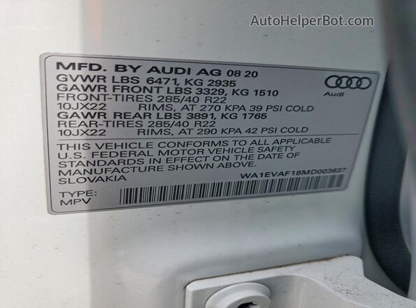 WA1EVAF18MD003637 2021 AUDI Q8 Белый Вид наклейки с VIN-кодом