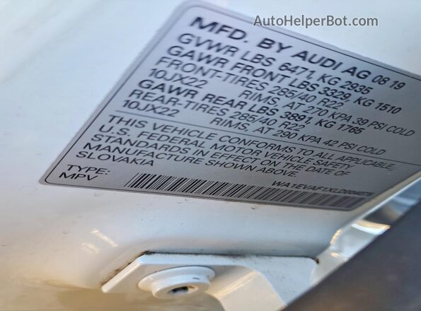 WA1EVAF1XLD004075 2020 AUDI Q8 White VIN կոդի պիտակի տեսք