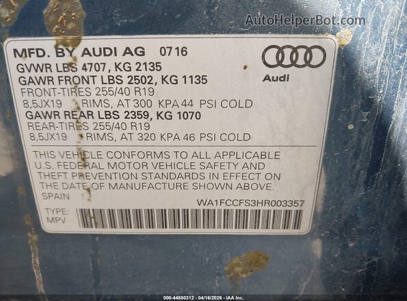 WA1FCCFS3HR003357 2017 AUDI Q3 Синий 