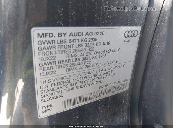 WA1FVAF10LD019060 2020 AUDI Q8 Gray Vista del compartimento del motor
