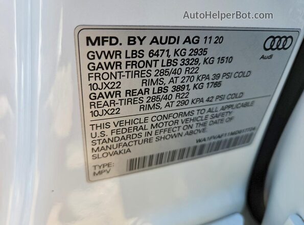 WA1FVAF11MD017724 2021 AUDI Q8 Белый Вид наклейки с VIN-кодом