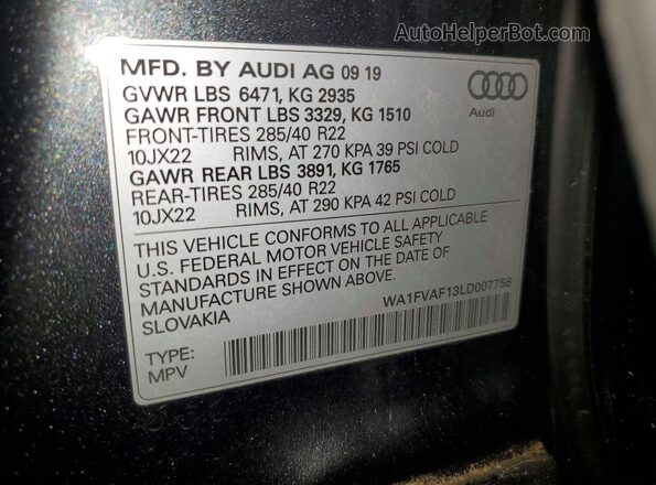 WA1FVAF13LD007758 2020 AUDI Q8 Gray Vista de la etiqueta del VIN