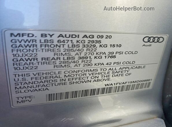 WA1FVAF15MD008881 2021 AUDI Q8 Silver VIN կոդի պիտակի տեսք