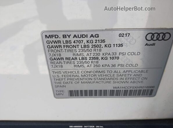 WA1HCCFSXHR016986 2017 AUDI Q3 White Вид підкапотного простору