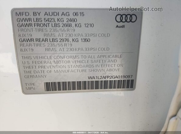 WA1L2AFP2GA019097 2016 AUDI Q5 White Engine compartment view
