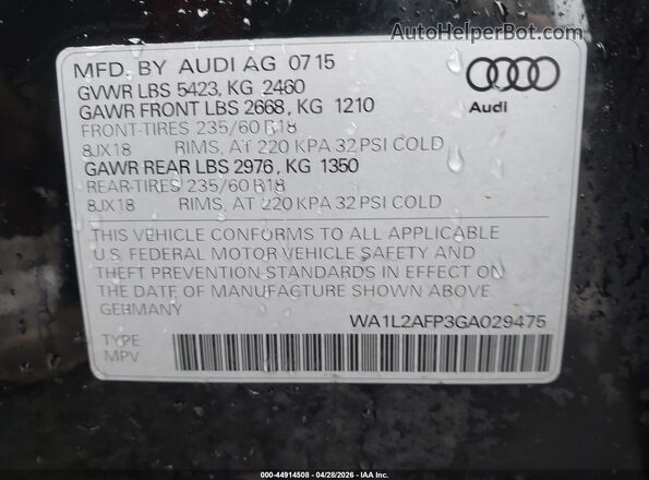 WA1L2AFP3GA029475 2016 AUDI Q5 Black Vista del compartimento del motor