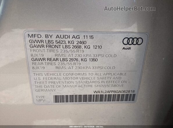 WA1L2AFP8GA082818 2016 AUDI Q5 Серебряный Вид подкапотного пространства