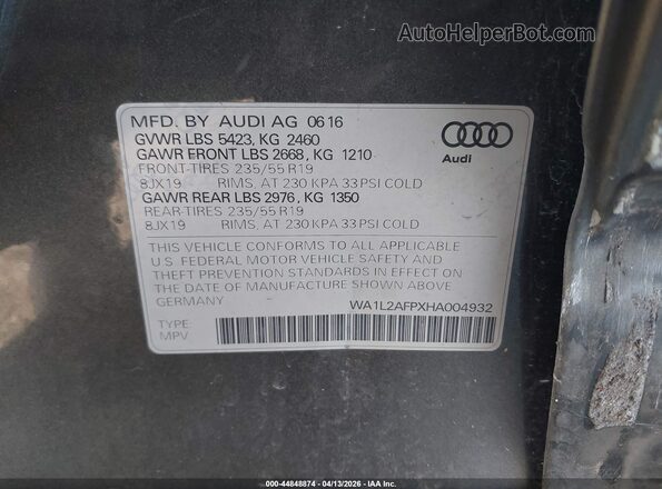 WA1L2AFPXHA004932 2017 AUDI Q5 Gray ძრავის განყოფილების ხედი