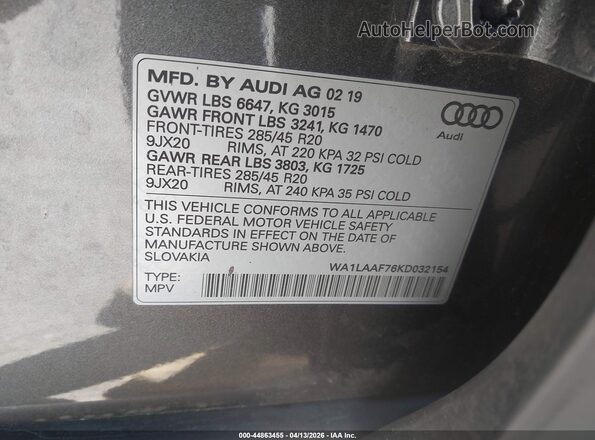 WA1LAAF76KD032154 2019 AUDI Q7 Gray Widok komory silnika
