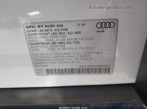 WA1LAAGE2KB024237 2019 AUDI E-TRON Black Вид підкапотного простору