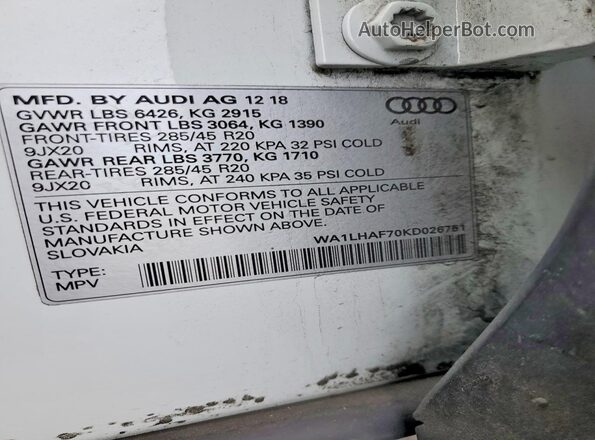 WA1LHAF70KD026751 2019 AUDI Q7 White 