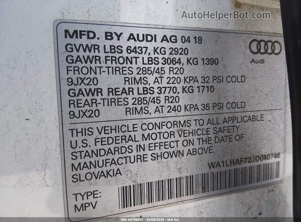 WA1LHAF72JD040746 2018 AUDI Q7 White Вид підкапотного простору