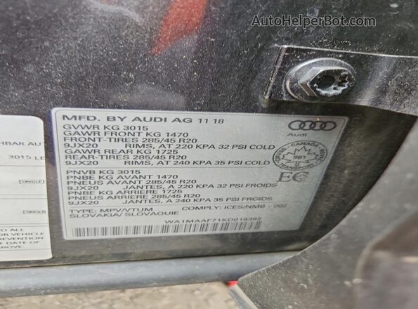 WA1MAAF71KD018392 2019 AUDI Q7 Gray VIN sticker view
