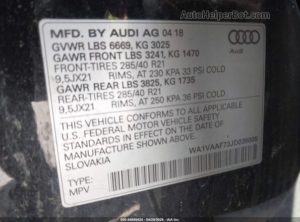 WA1VAAF73JD039005 2018 AUDI Q7 Blue ძრავის განყოფილების ხედი