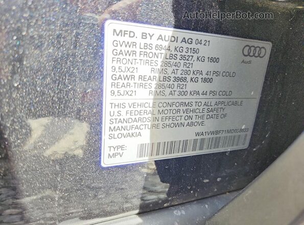 WA1VWBF71MD036633 2021 AUDI SQ7 Black VIN კოდის სტიკერის ხედი