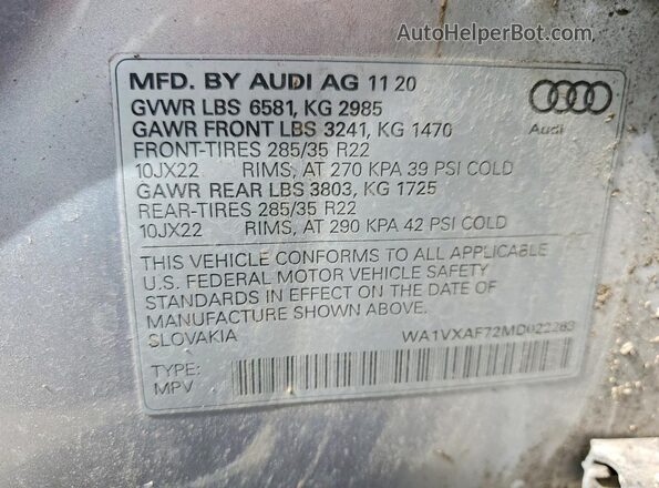 WA1VXAF72MD022263 2021 AUDI Q7 Серебряный Панорамный вид салона 360°