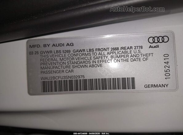 WAU2BCFU3SN032975 2025 AUDI ALL White ძრავის განყოფილების ხედი