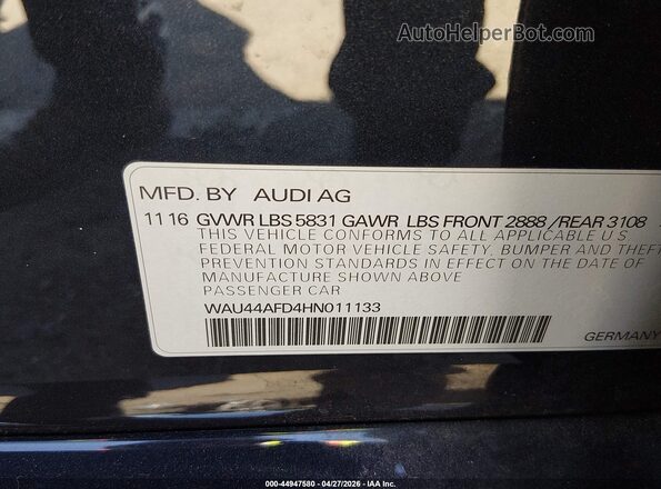 WAU44AFD4HN011133 2017 AUDI OTHER Navy Engine compartment view
