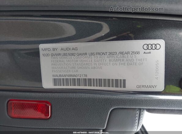 WAUB4AF48MA012178 2021 AUDI S4 Gray Widok komory silnika
