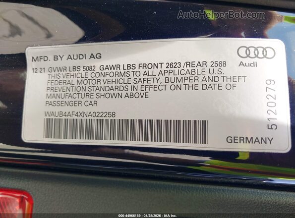 WAUB4AF4XNA022258 2022 AUDI S4 Black Engine compartment view
